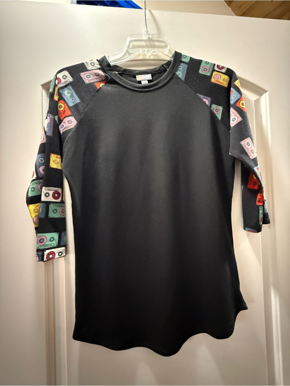 Retro LulaRoe black 3/4 sleeves with cassette tapes